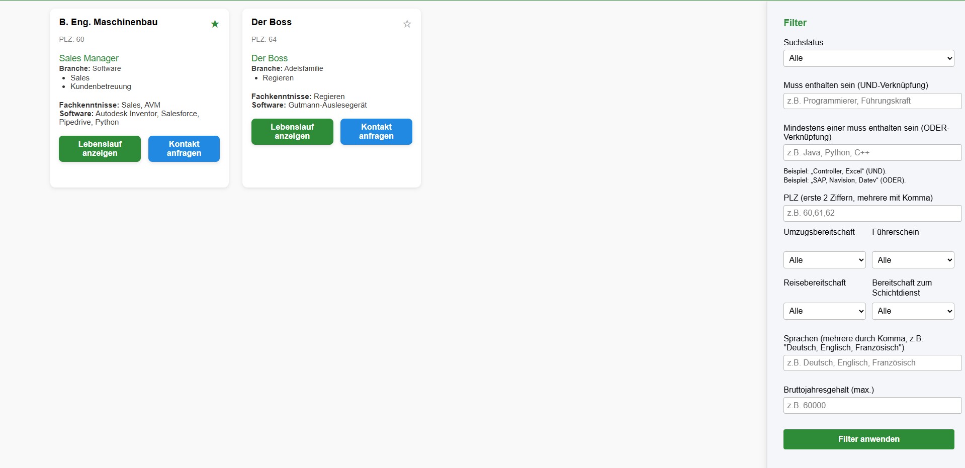 Profilsuche für Unternehmen – Anfragen erhalten